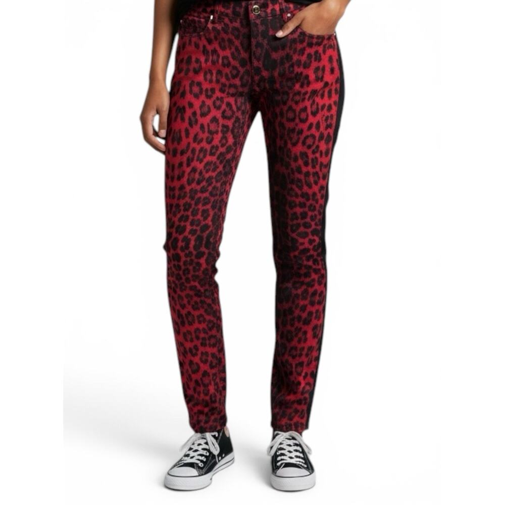 Cavalli Class Women's Red Black Skinny Jeans Animal Print Stretch Denim Pockets